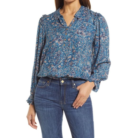 LUCKY BRAND Paisley Ruflle Collar Blouse XXL Blue NWT - Picture 1 of 7